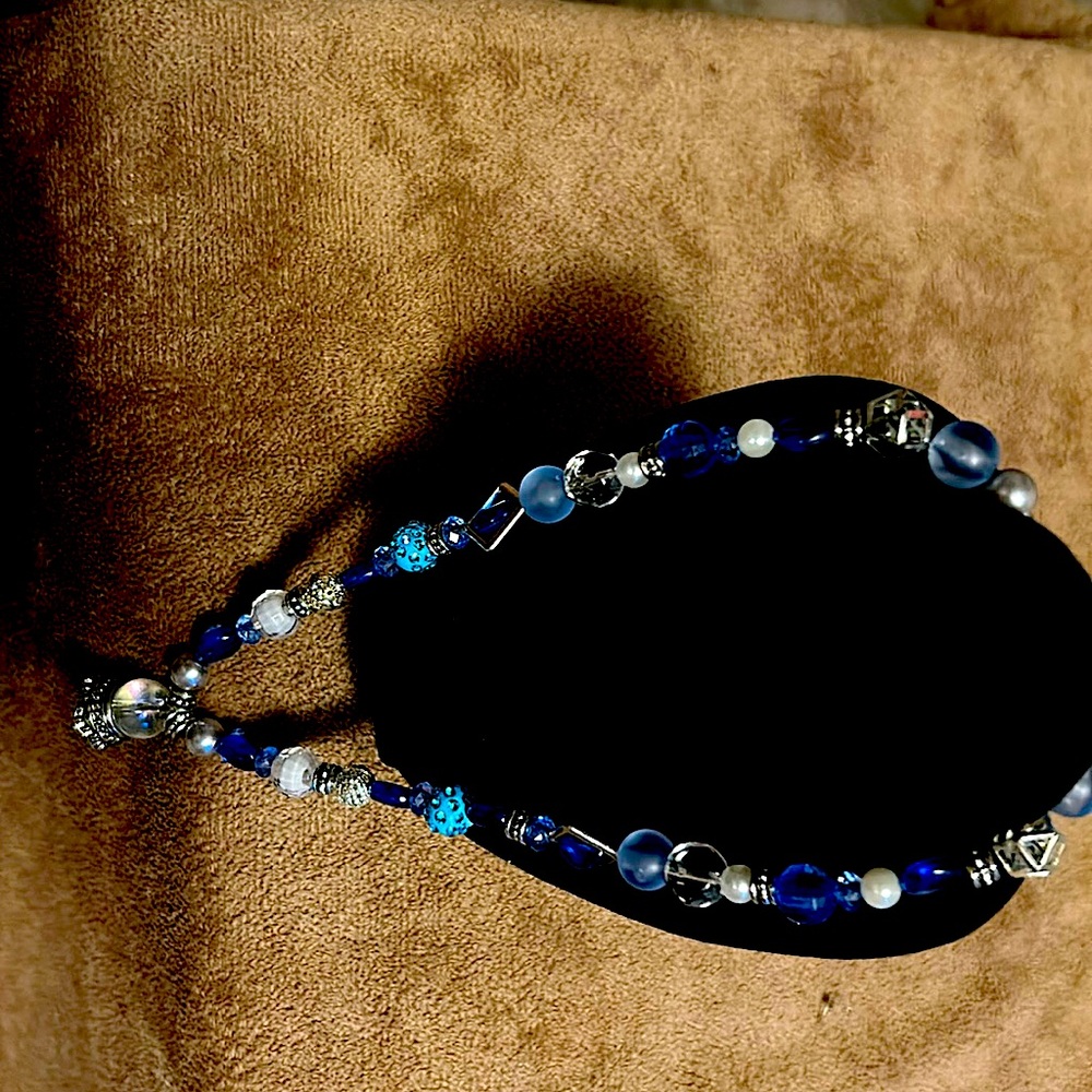 Handmade Blue luxury beaded necklace w sterling silver pendant and accents